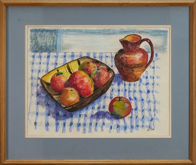 Lot 1125 - Joan Warburton (1920-1996) pastel - Still Life Apples in a Slipware Dish, initialled and dated '94, titled verso, 38cm x 49.5cm, in glazed frame
