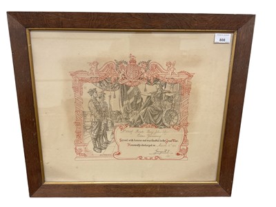 Lot 808 - First World War honourable discharge certificate named to 81507 Private Percy John Dyer, Essex Yeomanry and dated March 12th 1918, mounted in a glazed oak frame together with an Essex Regiment p...