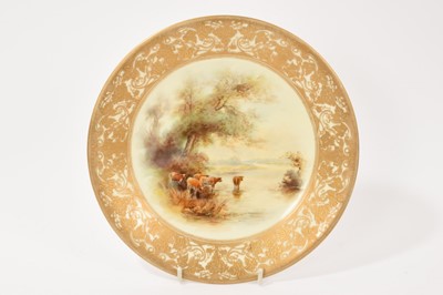 Lot 90 - Royal Worcester plate, painted by John Stinton with cattle in a river landscape, within a raised paste gilded border, signed