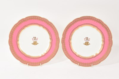 Lot 71 - Pair of Coalbrookdale pink ground plates, with crests and monograms, circa 1850