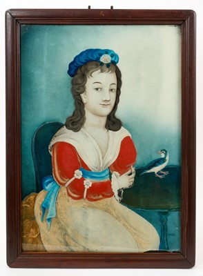 Lot Pair of Chinese Export reverse glass paintings of European figures, in original hardwood frames, circa 1800