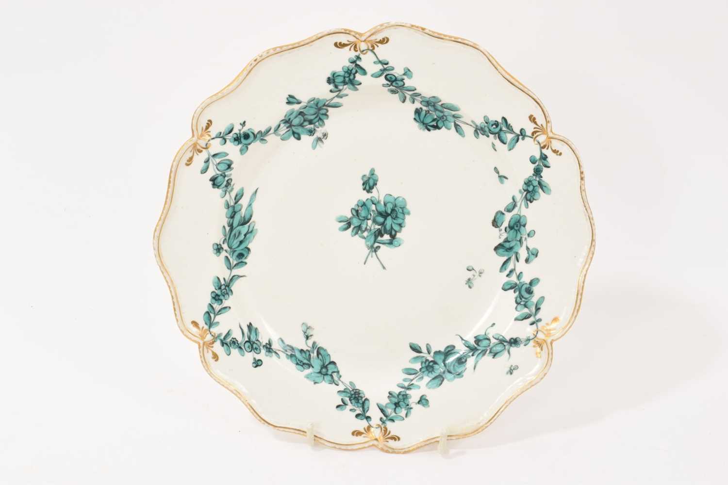 Lot 48 - Chelsea Derby plate, painted in green monochrome, circa 1770