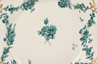 Lot 48 - Chelsea Derby plate, painted in green monochrome, circa 1770
