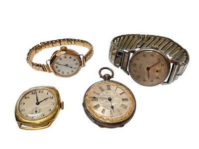 Lot 104 - 1930s 9ct gold cased wristwatch on a gold plated expandable bracelet, vintage gold plated watch, vintage Smiths wristwatch and a silver cased fob watch