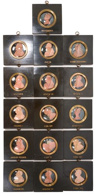 Lot Set of sixteen 19th century wax profile portraits of European royals