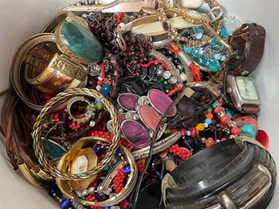 Lot 106 - Group of costume jewellery and wristwatches including various bead necklaces, bracelets, vintage brooches and some silver rings