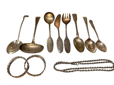 Lot 110 - WMF Christening set trio, together with various silver spoons, pair of silver napkin rings, a plated stylised leaf spoon and a white metal ropetwist chain