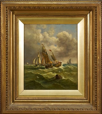 Lot John Moore of Ipswich (1820-1902) oil on panel - Fishing Boats in Squally Seas, signed, 29cm x 24cm, in gilt frame