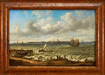 Lot John Moore of Ipswich (1820-1902) oil on canvas - Off Yarmouth, signed, 30.5cm x 46cm, in maple veneered frame