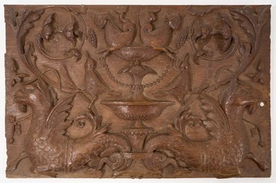 Lot 1355 - Antique, probably 17th / 18th century, carved oak panel depicting mythical beasts and birds flanking a central fountain, 36cm x 55cm