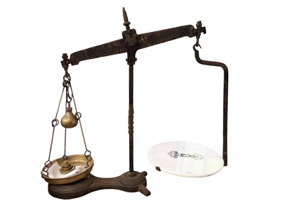 Lot 2567 - Local interest- set of butchers / shop scales manufactured by Warmisham Cocksedge & Co of Ipswich, together with weights.