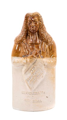 Lot 79 - Doulton and Watts commemorative stoneware flask, in the form of Lord Brougham, holding the Reform Bill, inscribed ‘The True Spirit of Reform’, and retailed mark for R Williams…58 West Stree...