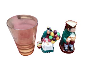 Lot 1307 - Royal Doulton figure. Balloon Lady, a Royal Doulton character jug, and a Whitefriars type amber tinted glass vase