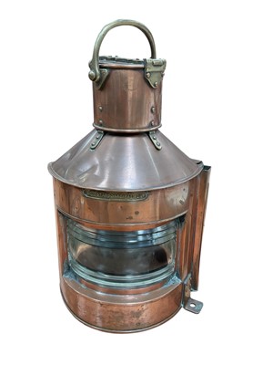 Lot 2531 - Copper and brass ship's starboard lamp, by Alderson & Gyde, Birmingham, dated 1945, 47cm high