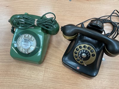 Lot 2532 - 1960s Danish rotary dial black Bakelite telephone (Kristian Kirks), and a 1970s BT rotary dial telephone in two tone green (2)<...