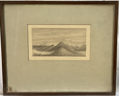 Lot 156 - English School, 20th century, pencil drawing of mountain peaks, 10cm x 19cm, glazed frame