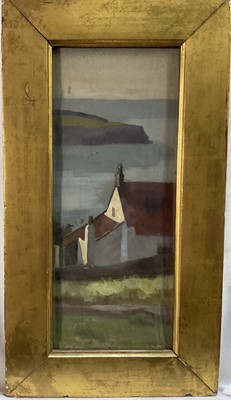 Lot 154 - English School, 20th century, watercolour of a cottage by the sea, 23cm x 9.5cm, gilt frame