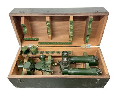 Lot 830 - Pair of Second World War British military trench binoculars in green camouflage painted finish, in original wooden transit case with painted naming "Telescope Stereoscopic No 3. MK II, Cooke Tro...