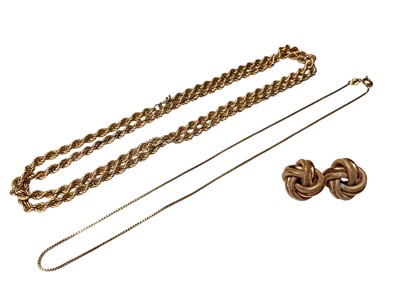 Lot 140 - 9ct gold rope twist chain, one other 9ct gold chain and pair 9ct gold knot earrings