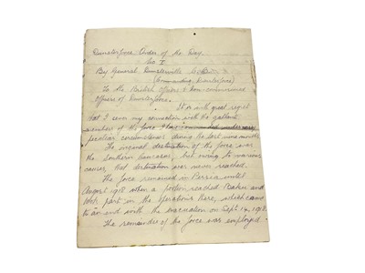 Lot 836 - First World War military interest - Major General Lionel Charles Dunsterville (9th November 1865 – 18th March 1946), hand written in pencil, a resig...