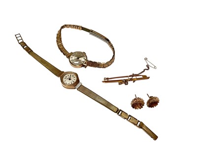 Lot 146 - Two 9ct gold cased wristwatches both on plated bracelets, pair 9ct gold earrings and Edwardian gold seed pearl bar brooch