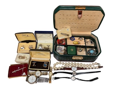 Lot 147 - Group of costume jewellery and wristwatches including a silver and enamel Girl Guides brooch, other pins, cufflinks etc