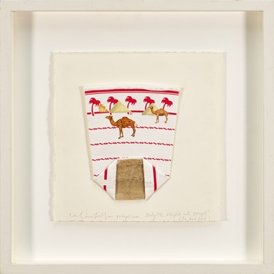 Lot 897 - *Colin Self (b.1941) collage - "The Flight into Egypt", signed, dated 30th Sept. 2010 and titled in pencil, 23cm square, in glazed frame