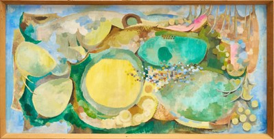 Lot * Audrey Pilkington (1922-2015) oil on board - Pots in a Landscape, signed, 60cm x 121cm, framed