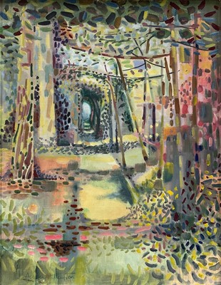 Lot 1087 - * Audrey Pilkington (1922-2015) mixed media on canvas board - Suffolk Garden, signed, 44cm x 34cm, framed