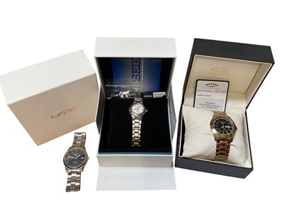 Lot 149 - Tissot PR100 Titanium wristwatch, Rotary gold plated wristwatch in box and a ladies Seiko Titanium wristwatch, boxed with guarantee card, booklet, tag and spare links