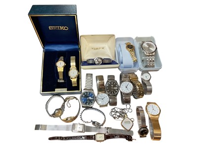 Lot 150 - Group of vintage and later wristwatches including a boxed ladies gold plated Seiko with spare links, Seiko 5 automatic stainless steel watch, Pulsar, Lorus, Sekonda, Timex etc