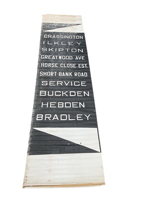 Lot 2537 - Vintage printed canvas Yorkshire Bus blind, for Grassington, Ilkley, Skipton, Great Wood Ave., Horse Close Est., Short Bank Road, Service, Buckden, Hebden and Bradley, 305 x 76.5cm