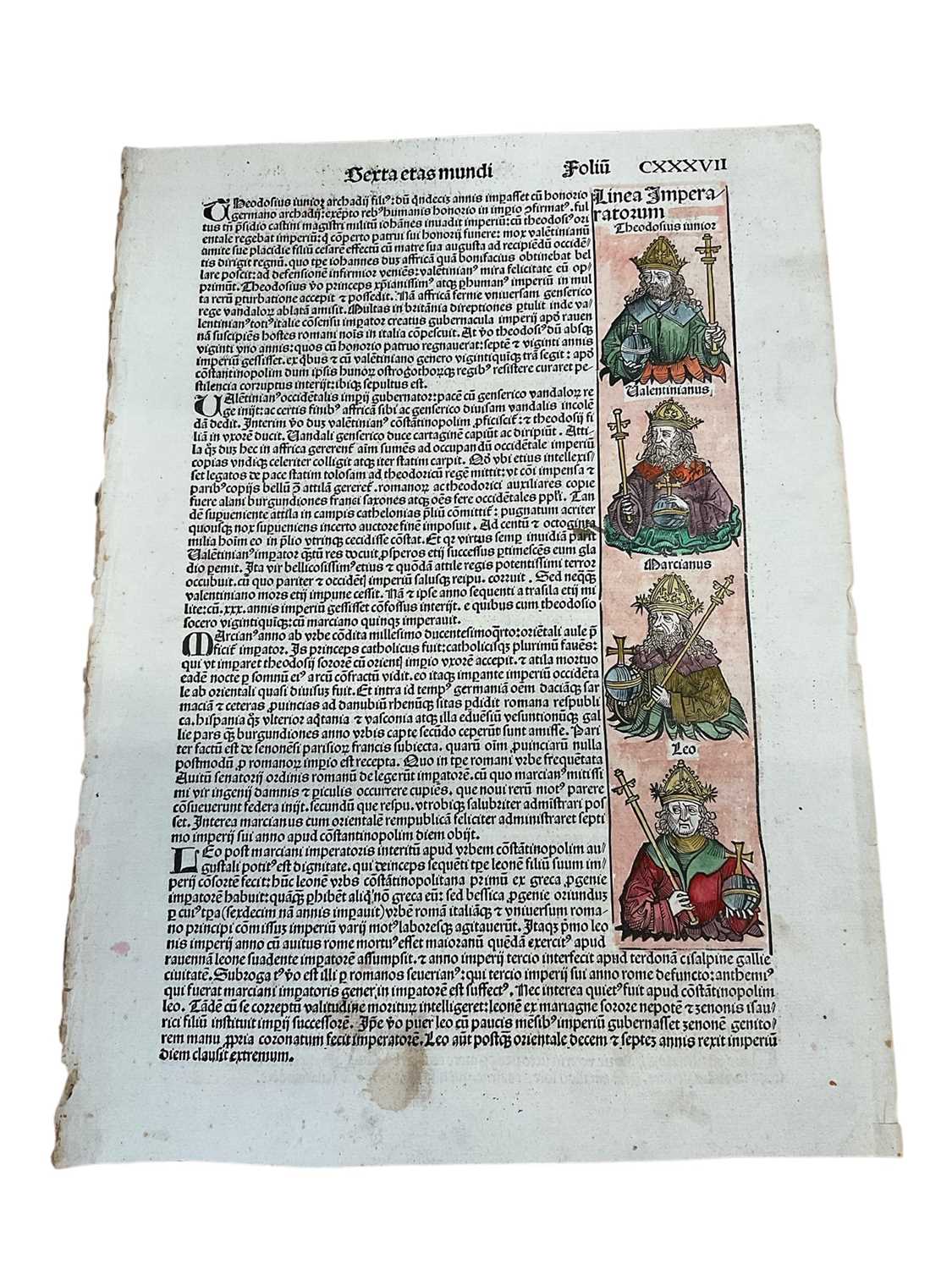 Lot 1635 - Leaf from the Nürnberg Chronicle printed by Anton Koberger in 1493 in Nuremberg, with woodcuts, hand coloured