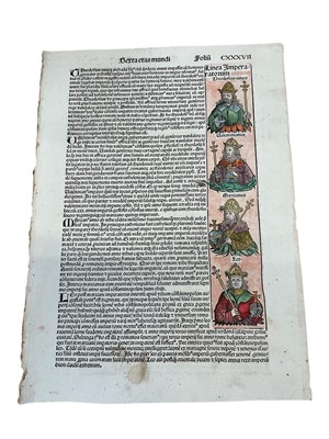 Lot 1635 - Leaf from the Nürnberg Chronicle printed by Anton Koberger in 1493 in Nuremberg, with woodcuts, hand coloured