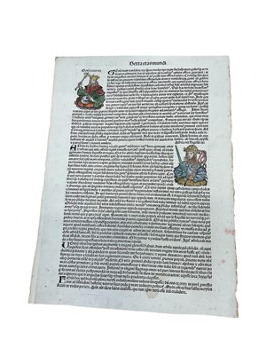 Lot 1635 - Leaf from the Nürnberg Chronicle printed by Anton Koberger in 1493 in Nuremberg, with woodcuts, hand coloured