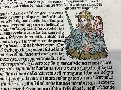 Lot 1635 - Leaf from the Nürnberg Chronicle printed by Anton Koberger in 1493 in Nuremberg, with woodcuts, hand coloured