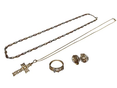 Lot 155 - Group of 9ct gold jewellery to include cross pendant on chain, three colour gold rope twist chain, pair of clip on earrings and a ring decorated with music notes