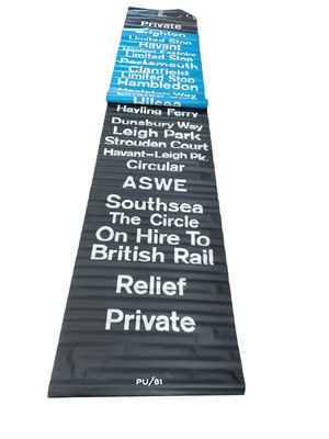 Lot 2539 - Vintage printed canvas East Sussex and Hampshire Bus blind, for various destinations to include Brighton, Havant and Southsea, 12m 20cm x 80cm