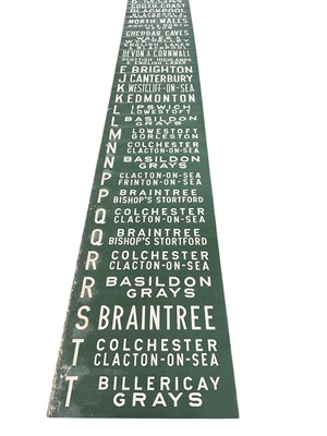 Lot 2540 - Vintage 1960's printed Bus / Coach blind with various destinations including Blackpool, Colchester, Clacton on Sea, South Coast etc, with label for Norbury Brothers Limited, 1961, 790cm x 65.5cm...