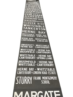 Lot 2541 - Vintage printed canvas Kent Bus blind, for various destinations to include Ashford, Canterbury, Dover and Lyminge, approx 15 x 80cm