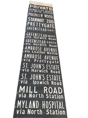 Lot 2542 - Vintage 1970s printed canvas Bus blind for Colchester with various destinations around the town including Stanway Zoo, University of Essex and Hythe, with label for Norbury Brothers Limited, 19...