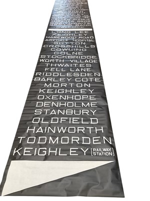Lot 2543 - Vintage printed canvas Yorkshire Bus blind, for various destinations to include Keighley, Leeds and Todmorden, approximately 750cm x 104cm