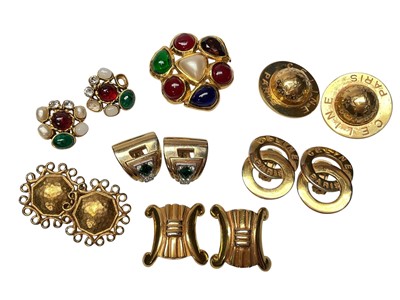Lot 158 - Vintage Chanel gilt metal gem set brooch and similar pair of clip on earrings, together with a group of 1980s designer clip on earrings including Celine, YSL and Givenchy