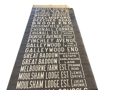 Lot 2544 - Vintage printed canvas Bus / Coach blind for various destinations including London, Maldon and Brentwood with label for Norbury Brothers Limited, also stamped Chelmsford dept. to reverse, approx...