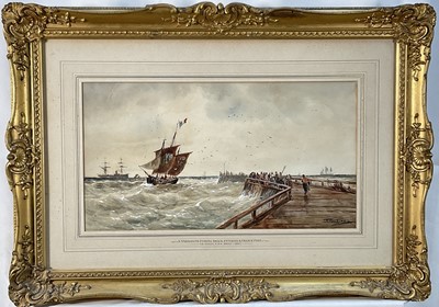 Lot 82 - Follower of Thomas Bush Hardy, watercolour, 'A Yarmouth fishing smack entering a French port', bearing signature, 24cm x 45cm, glazed gilt frame