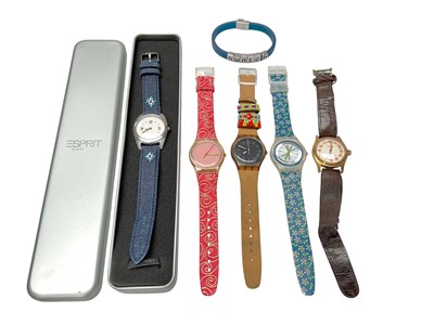 Lot 187 - Three contemporary Swatch watches, Swatch bracelet, Esprit stainless steel watch on denim strap in box and a vintage Innungsmeister wristwatch
