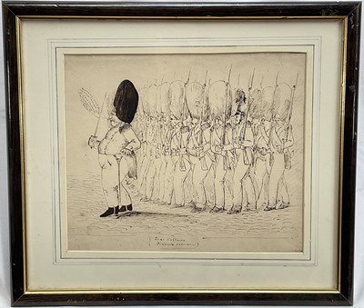 Lot 1160 - Attributed to Henry Bunbury (1750-1811) two pen and ink drawings on a Napoleonic theme, titled, 24.5cm x 29cm, one in glazed frame, one mounted (2)