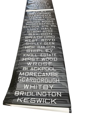 Lot 2546 - Vintage printed canvas Bus / Coach blind, for various destinations to include Blackpool, Morcambe and Bradford, approximately 716 x 104cm