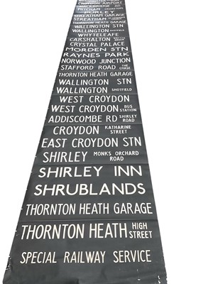Lot 2548 - Vintage printed canvas Bus blind for London and Surrey with various destinations including Kennington, Westminster and Elephant and Castle, approximately 7.5cm x 91cm