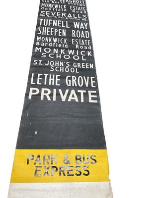 Lot 2549 - Vintage 1970's printed canvas Bus blind for Colchester with various destinations around the town including Stanway Zoo, Severalls and High Street, with label for Norbury Brothers Limited, 1970,...